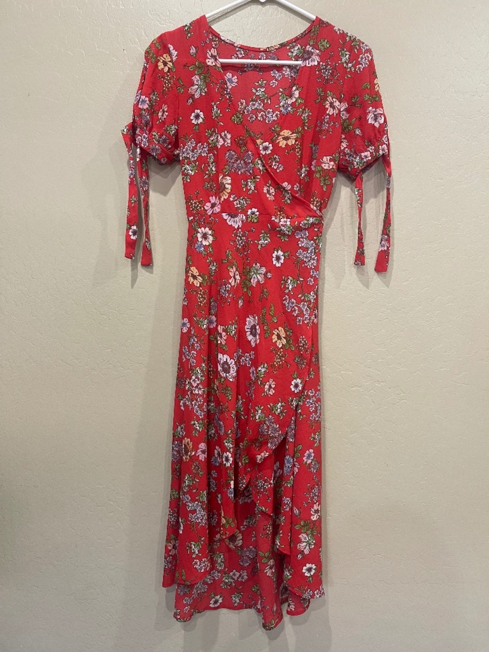 Red floral wrap dress